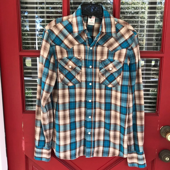 True Religion Tops True Religion Womens Turquoise Tan Plaid Flannel